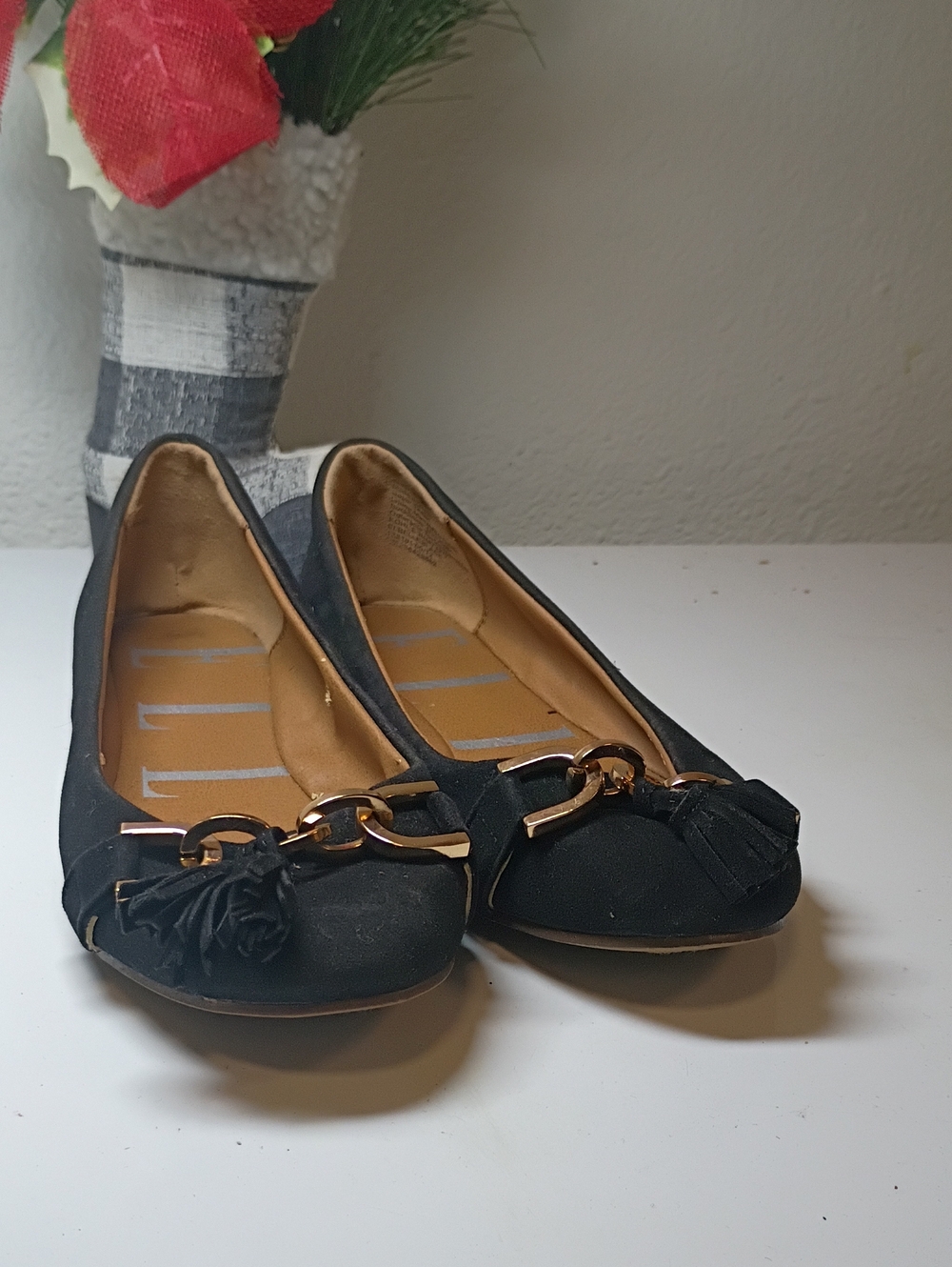Elle Black Ballet Flats with Gold Chain & Tassel